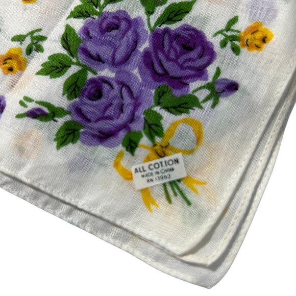 Vintage Floral Handkerchiefs Lot 2 Cotton Purple Yellow Rose Hankies I Shalom - Picture 6 of 6